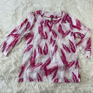 White Sage White Pink Feather Cotton Blouse 3/4